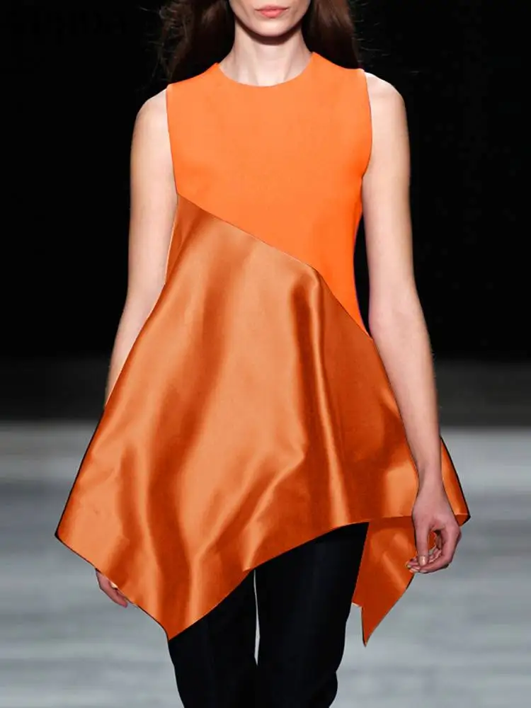 

VONDA Satin Blouse 2024 Women Elegant Asymmetrical Tops Silk Patchwork Solid Color Shirts Casual Loose Tanks Sleeveless Camis