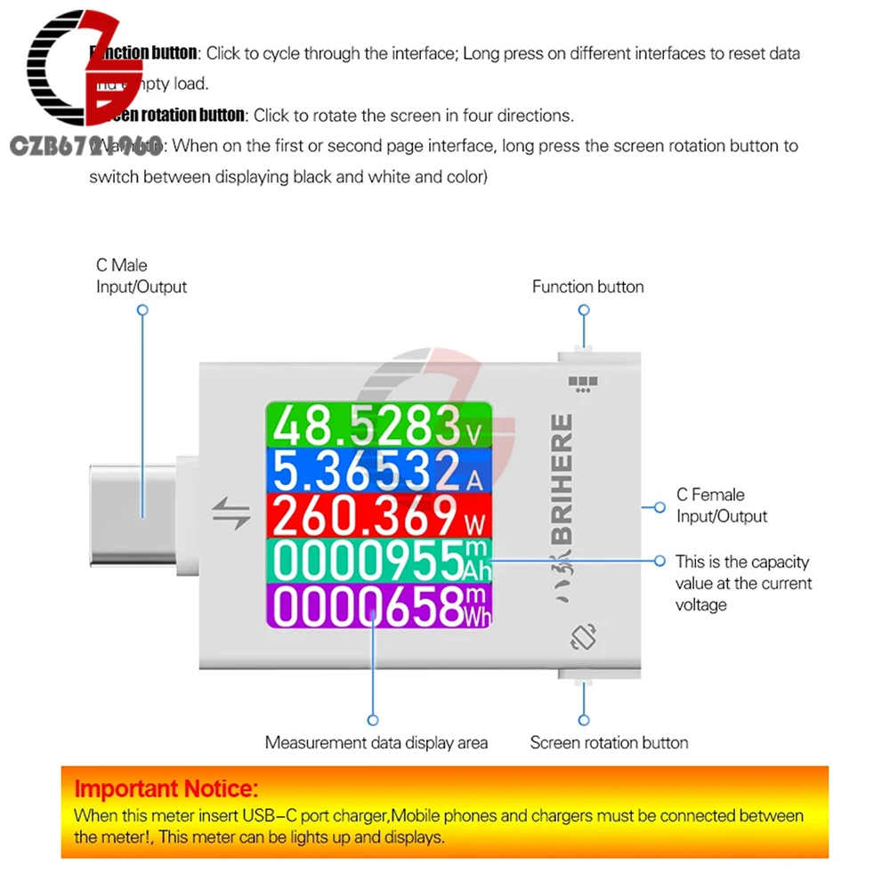 DC 4.5-50V 6A 전압계 전류계 전력계 배터리 용량 테스터 양방향 전류 충전 감지기 타입 C 인터페이스