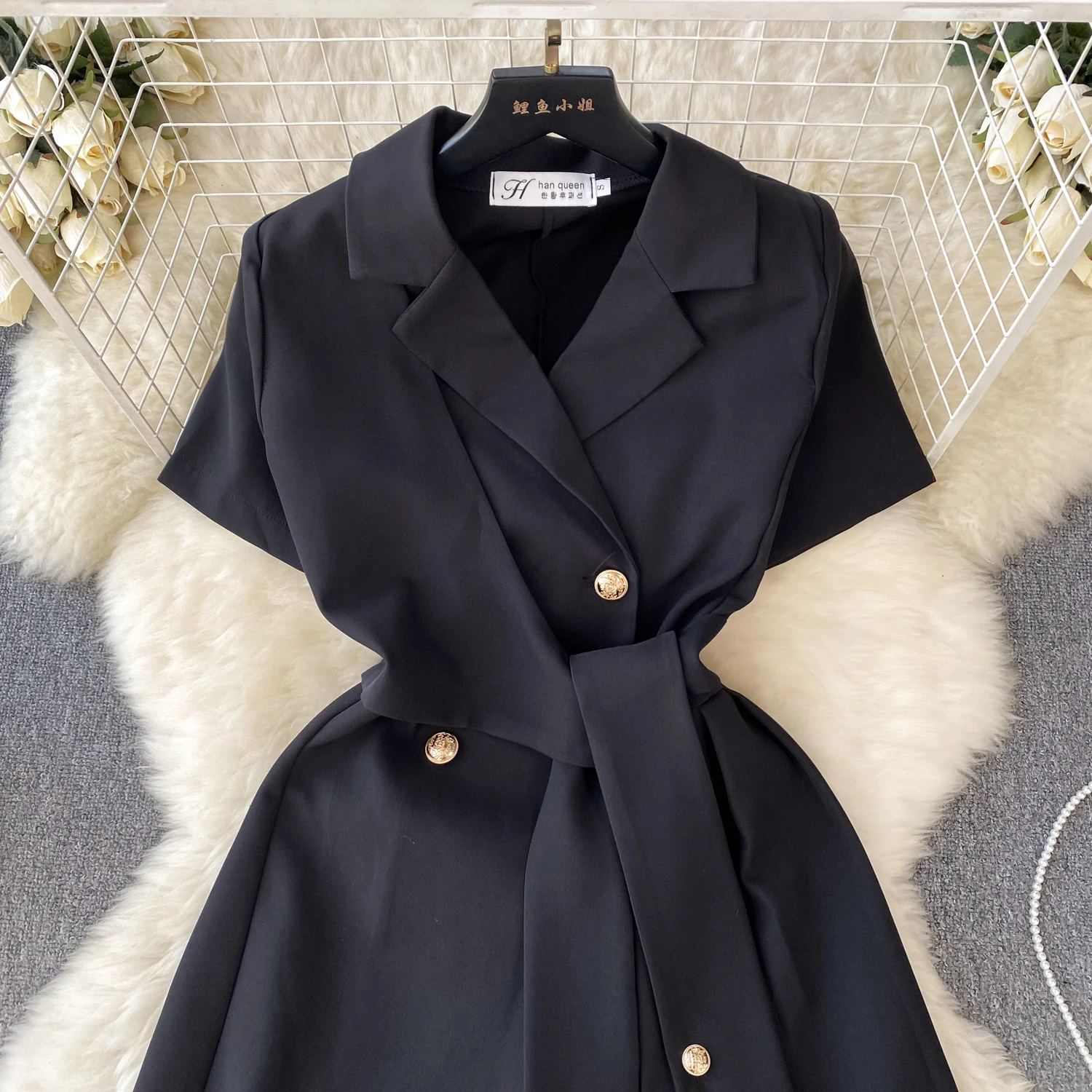 Retro Black Blazer Dress Women Lapel Short Sleeved Short Dresses Summer Casual Short Sleeve Slim Bandage Dress Vestidos