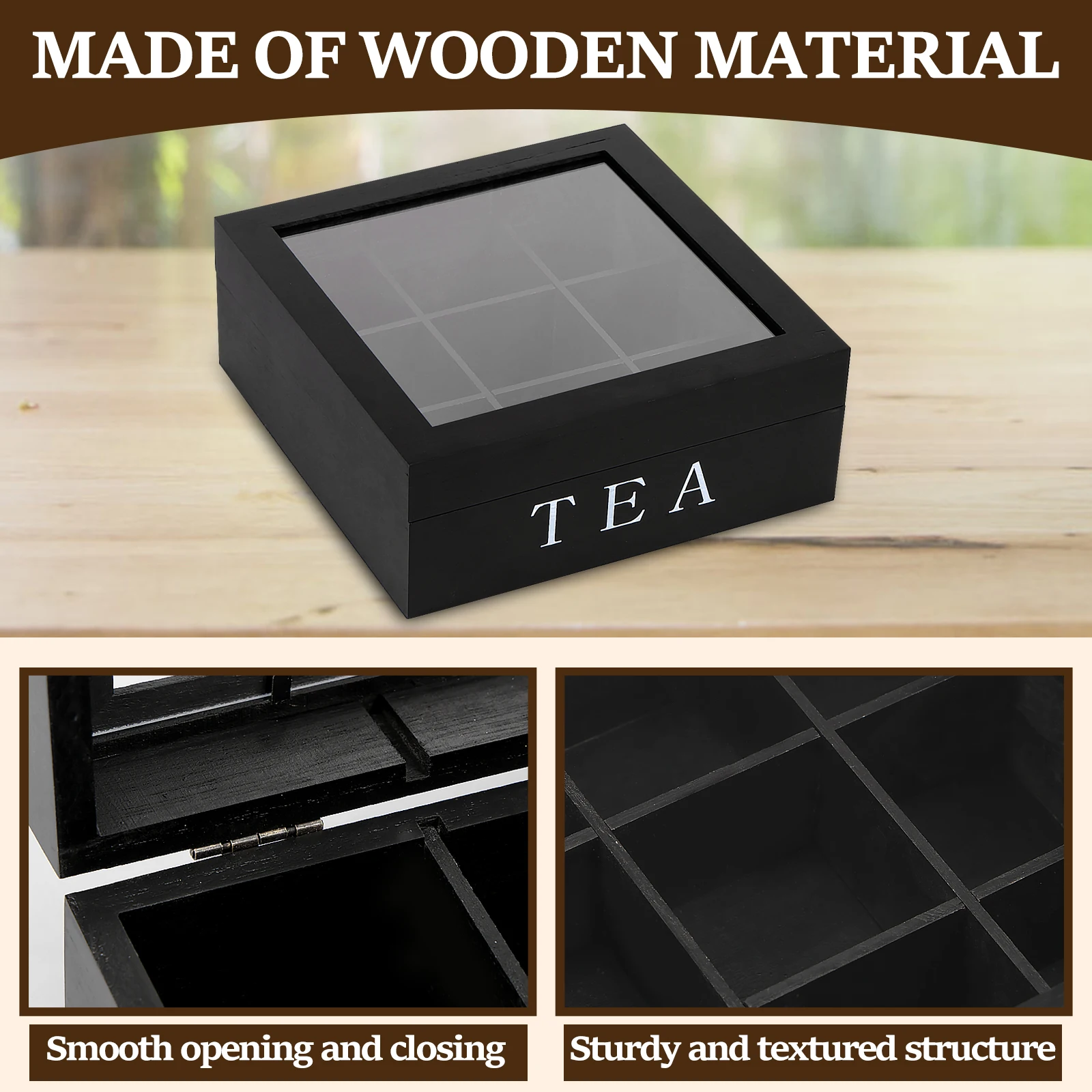 Wood Tea Bag Storage Box with Clear Lid 9 Compartments Square Container Desktop Jewelry Organizer Tea Box Case 4