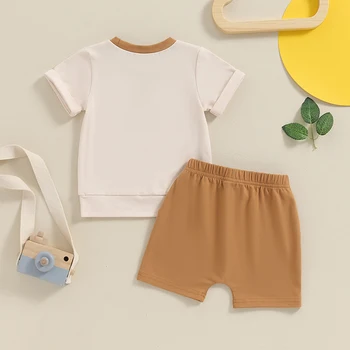 Lioraitiin Toddler Boys Summer Outfits Patchwork Round Neck Short Sleeve T-Shirts Tops Elastic Waist Shorts 2Pcs Clothes Set 3