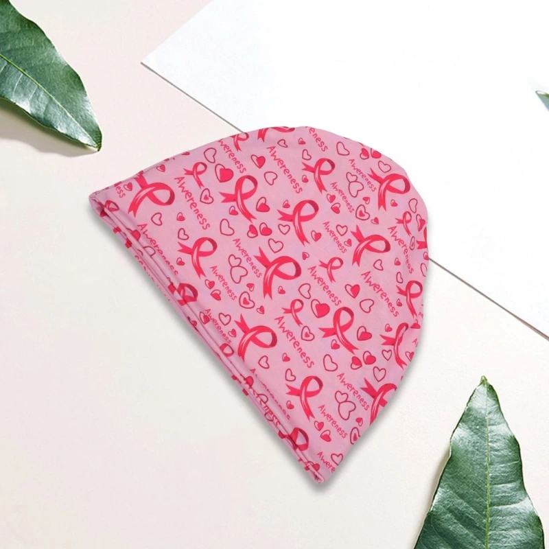 Breast Cancers Awareness Elastic Skull Hat Ribbon Printed Pattern Caps for Women 4