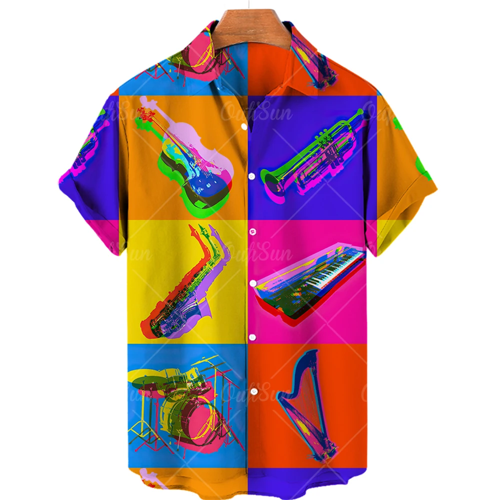 Summer Hawaiian Shirts For Men Music Guitar Printed Tops Clothing Fashion Casual Oversized Collar Rock And Roll Blouses 2