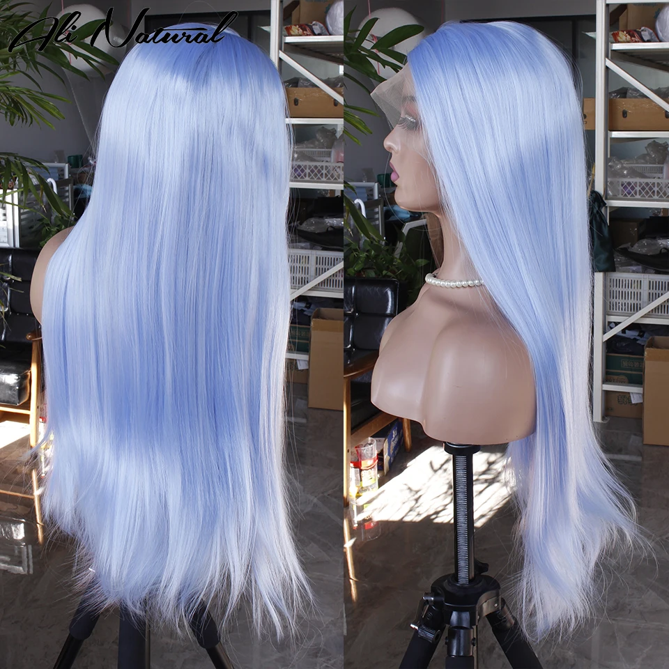 Icy Blue Synthetic Lace Part Wig Natural Hairline Sky Blue Straight T Part Lace Front Wig Light