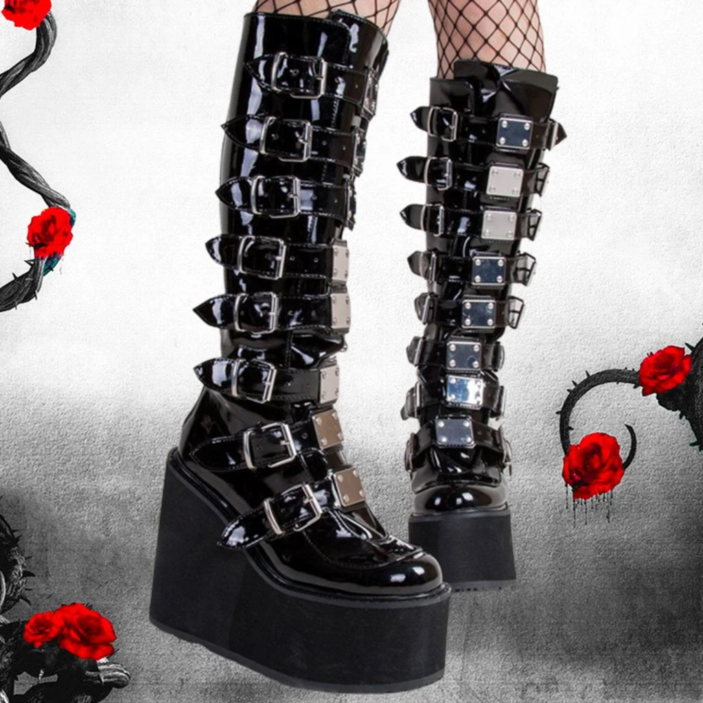 Brand Design Big Size 43 Black Gothic Style Cool Punk Motorcycles Boots Female Platform Wedges High Heels Calf Boots Women Shoes