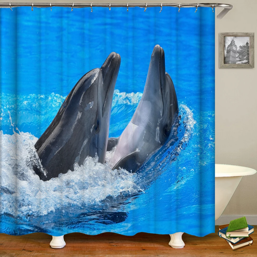 3dPrintinglovelyDolphinOceanSeaShowerCurtainWaterproofBathroom