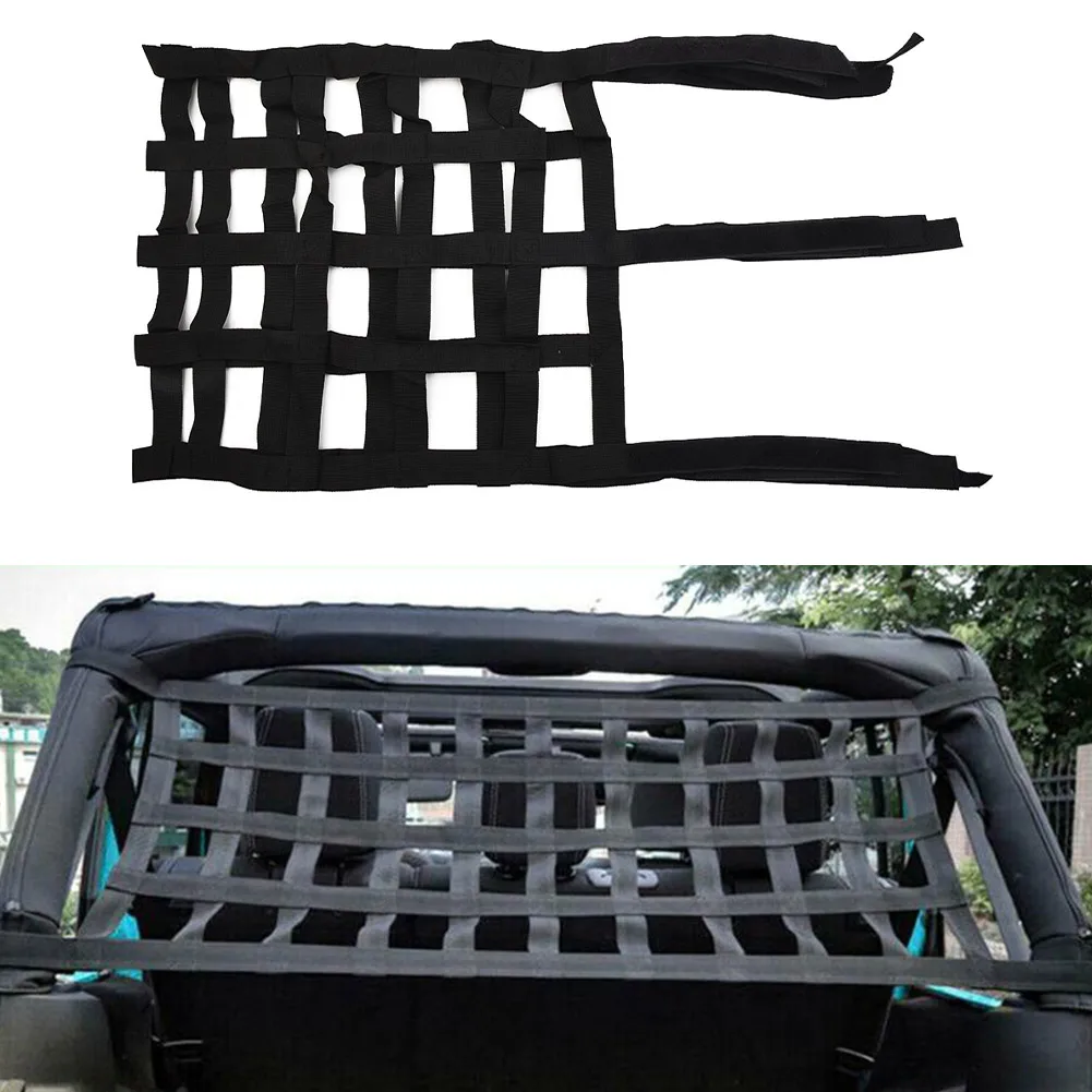 

1x Black Car Multifunction Roof Net Cargo Storage Grid For Jeep For Wrangler TJ JK JL 1997-2019 High Quality Weaving Roof Netwok
