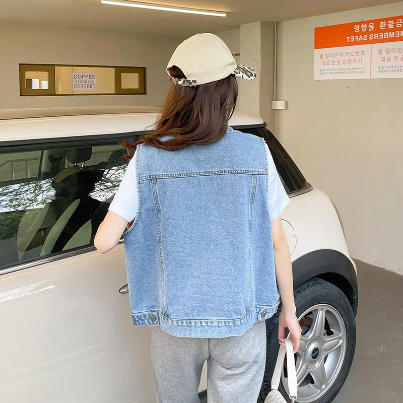 2023 New Cotton Denim Vest Korean Fashion Girls Design Spring Fall Fashion with Pockets Loose Design