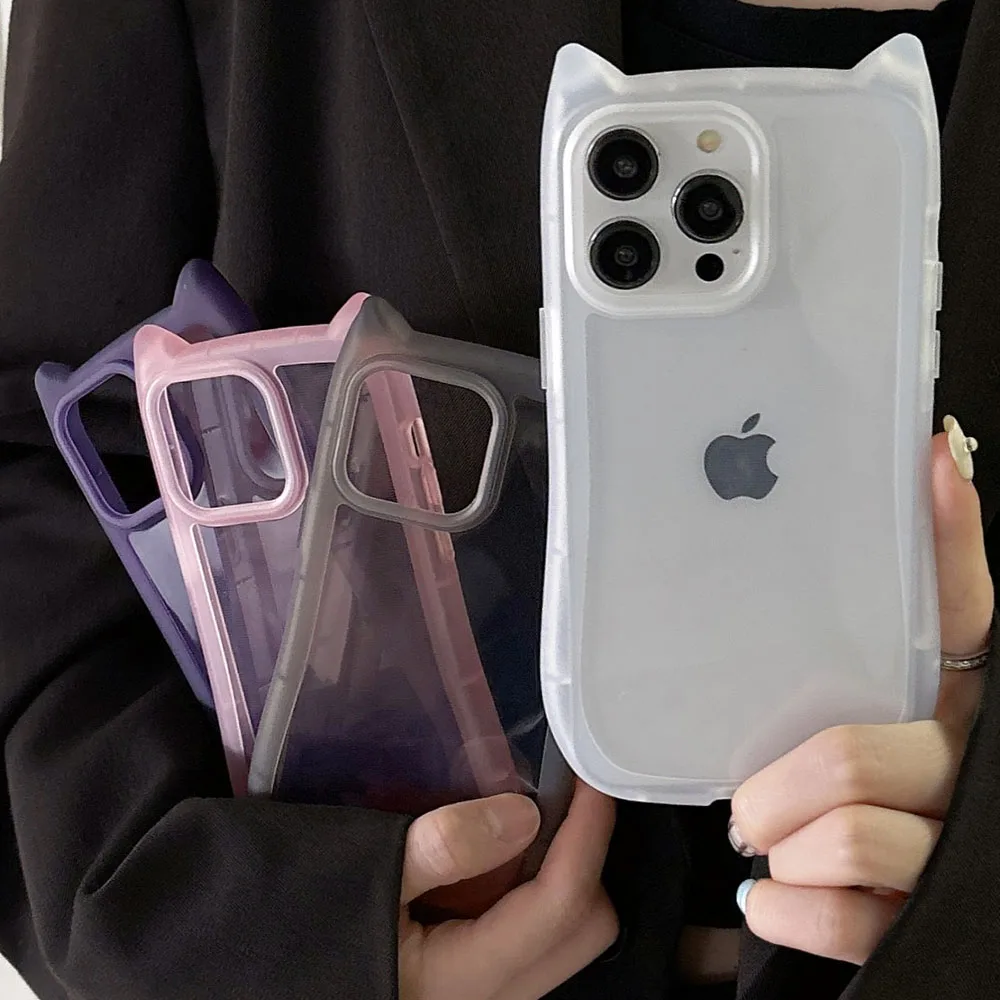 3D Cute Cartoon Cat Ears Shockproof Phone Case - Transparent Soft Matte Shell