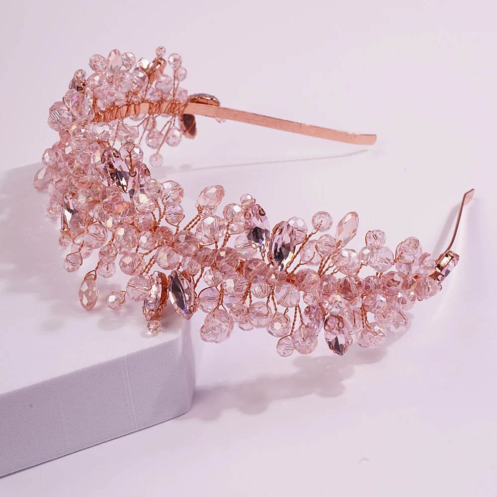 Bridal Hair Accessories, Crown Headband, Hair Accessories Handmade Wedding Bride Luxury Pink Gold Rhinestones Tiaras and Crowns Bridal Headband Costume Hair Accessories for Women