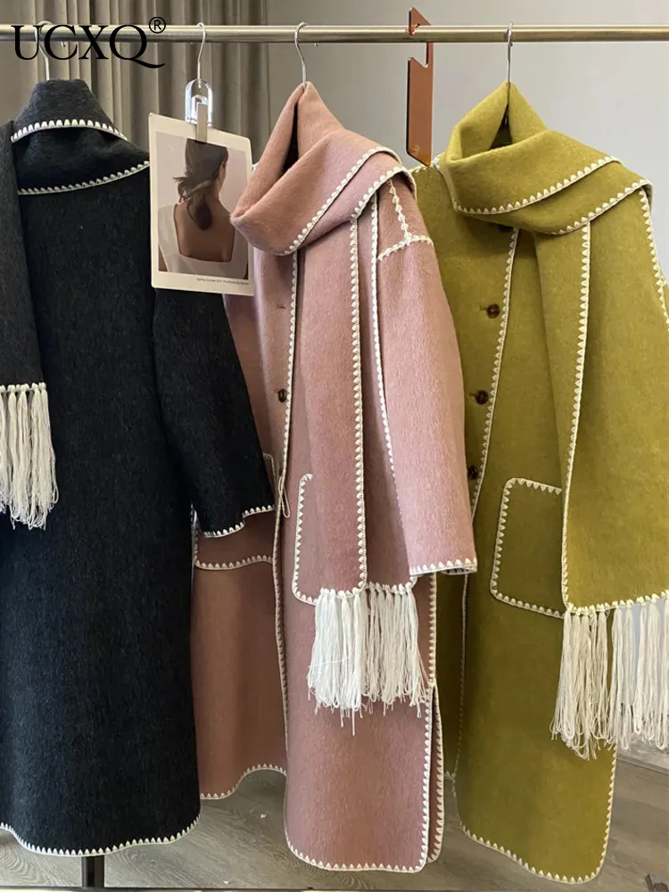 

UCXQ Women Long Tassel Double Side Length Woolen Coat With Scarf Autumn Winter 2023 Fashion Long Cashmere Outwears Clothes A5374
