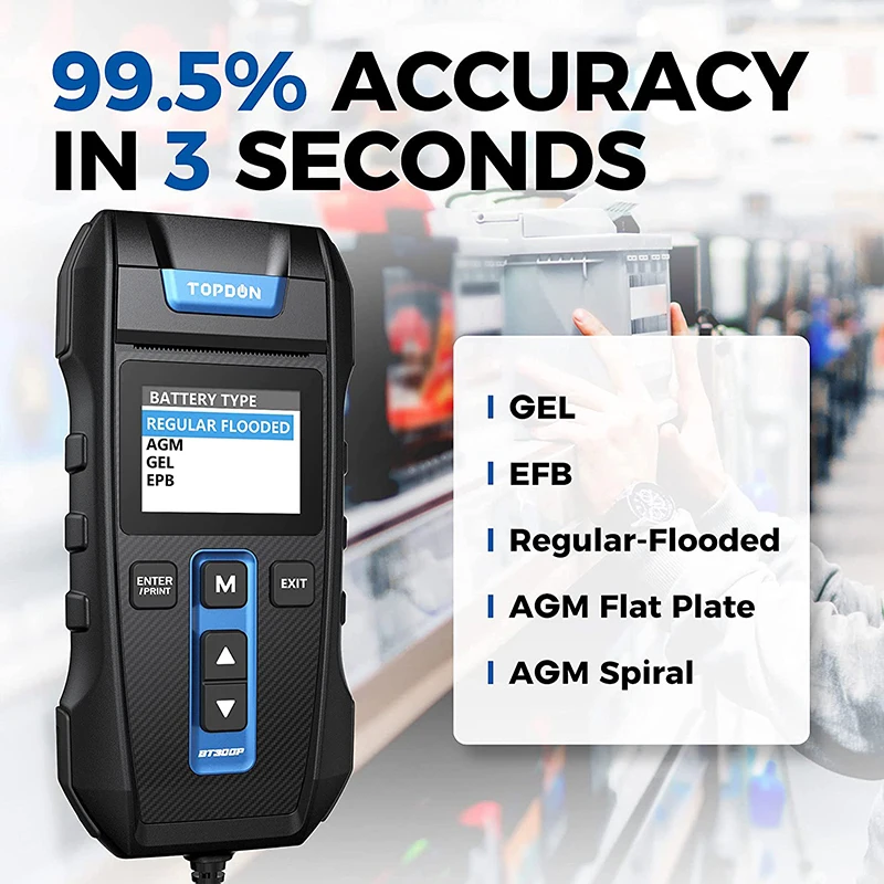 TOPDON BT300P Battery Tester with Printing 12V Digital Charging Cranking Test Tools for Car Auto Analyzer Vehicle 100-2000CCA 4