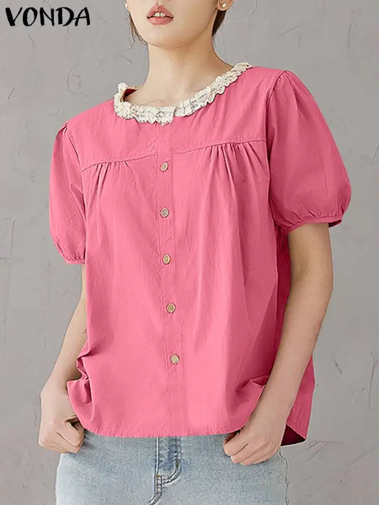 

2024 VONDA женская летняя кружевная блузка, короткая Женская туника, повседневные однотонные лоскутные блузки