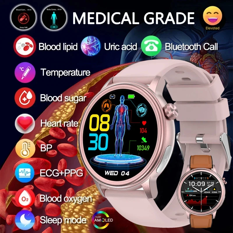 Relógio inteligente de nível médico feminino, glicose sanguínea, ácido úrico lipídico, detector de diagnóstico AI, saúde menstrual Smartwatch, novo, 24, 2024