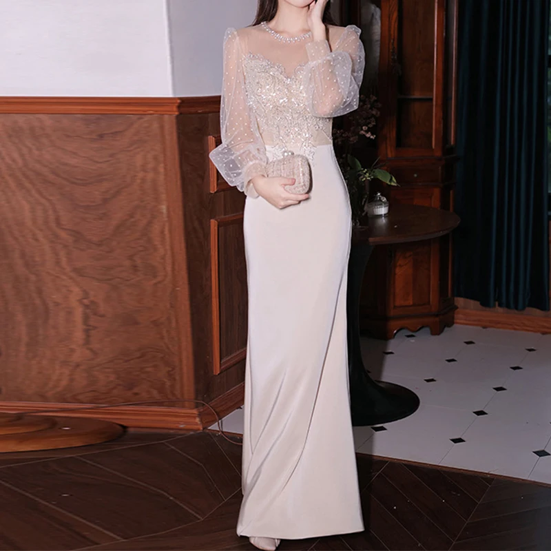 

Temperament Elegant Tulle O-neck Evening Dress Mesh Long Sleeve Appliques Beading Wedding Party Vestidos Lady Slim Prom Gown