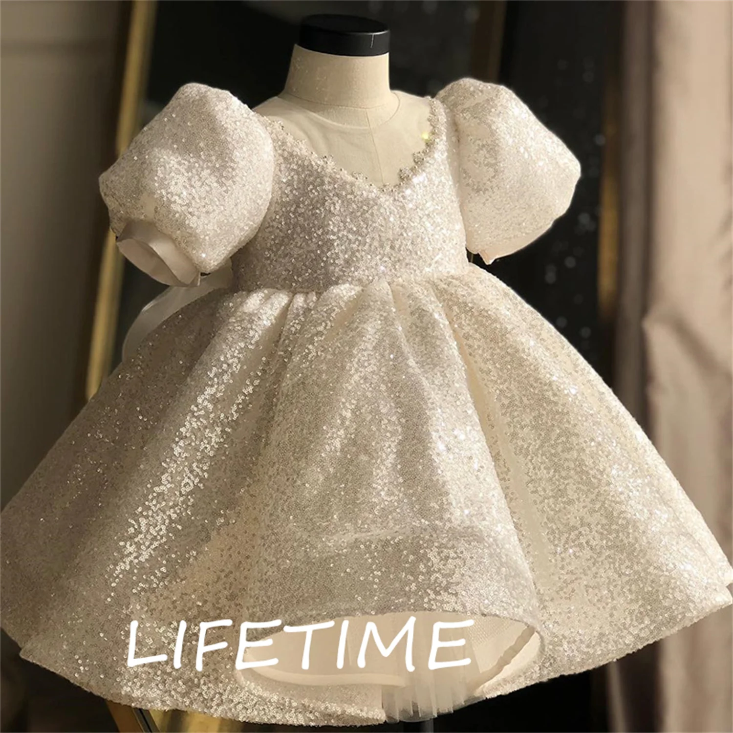 

Sequins Flower Girl Dress Birthday Lace Beaded Sweetheart Short Sleeves Sparky Ball Gown Bow Knee Length Kids Princess Dress