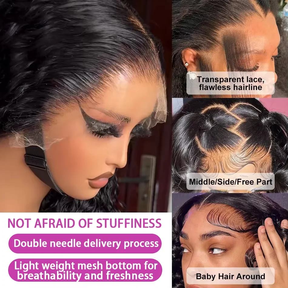 Modell som bär lång peruk med lösa vågor och lace front i naturligt svart