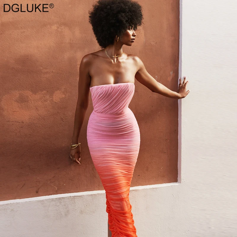 

Ombre Strapless Maxi Dresses Elegant Long Evening Dresses For Women 2024 Pleated Backless Bodycon Summer Beach Dress