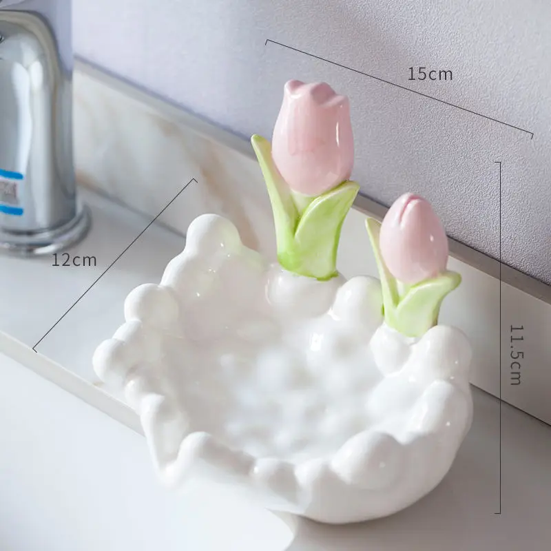 Ceramic Soap Dish Home Bathroom Creative Light Luxury High Beauty Cute Flower Soap Box No Punching Draining Water, Supplies, 1Pc