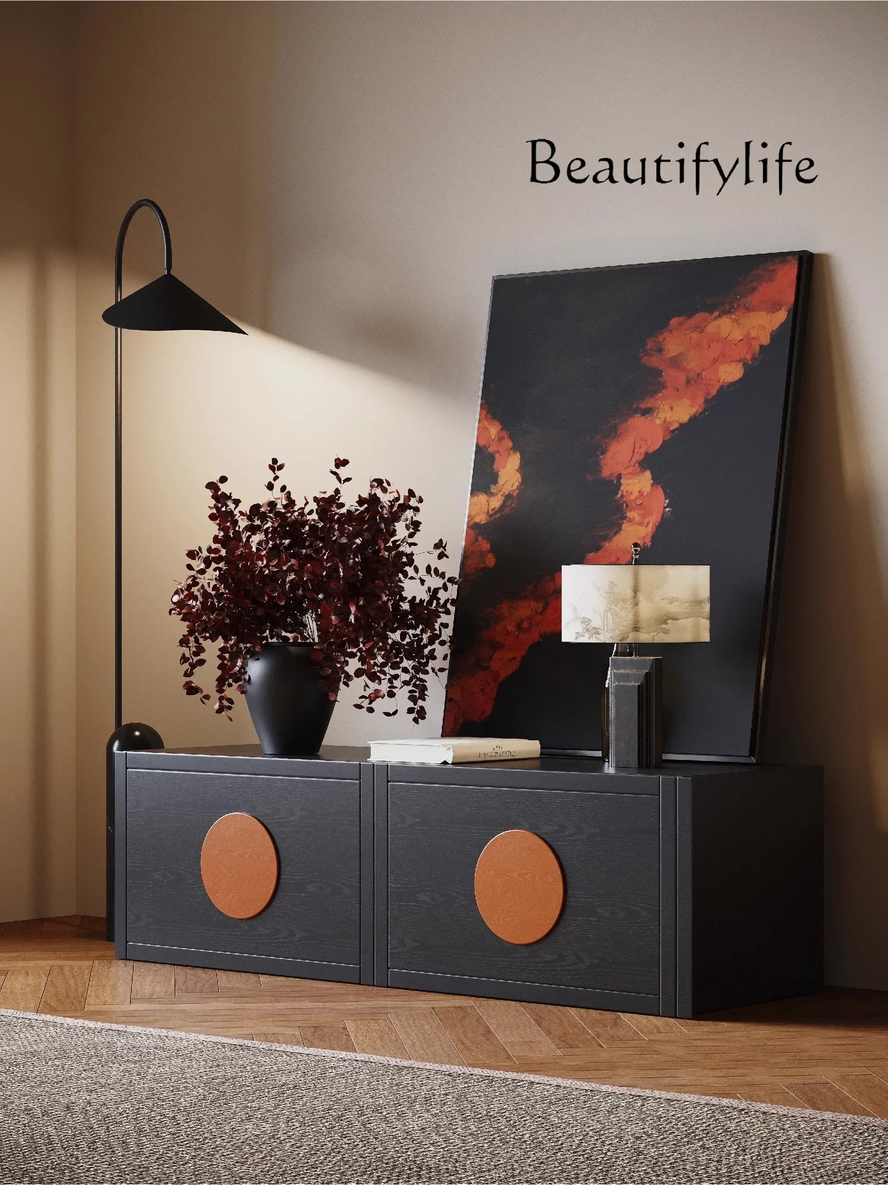 

Japanese-Style Solid Wood Sunset TV Cabinet Black Small Apartment Simple Nordic Retro Sitting Room Cabinet