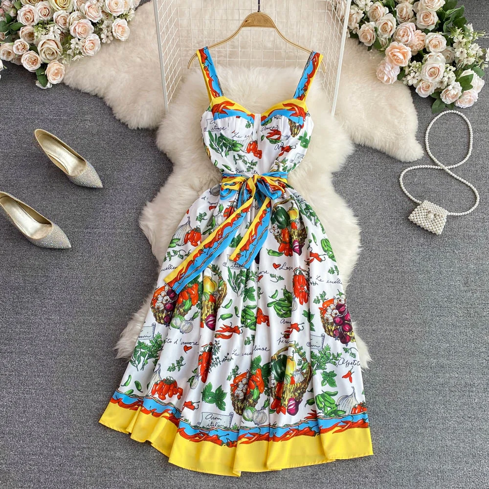 

Summer Print Dress Women Holiday Vegetable Chili Fruit Letter Spaghetti Strap Sexy Party Midi Dresses Clothing Belt Vestidos