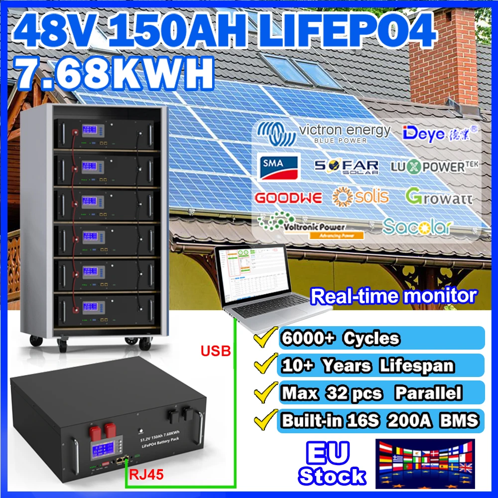 

LiFePO4 48V 150Ah Battery Pack 100Ah 200Ah 16S 51.2V 7.6KWh Energy Storage 200A BMS with RS485 CAN 6000+ Cycles Max 32 Parallel