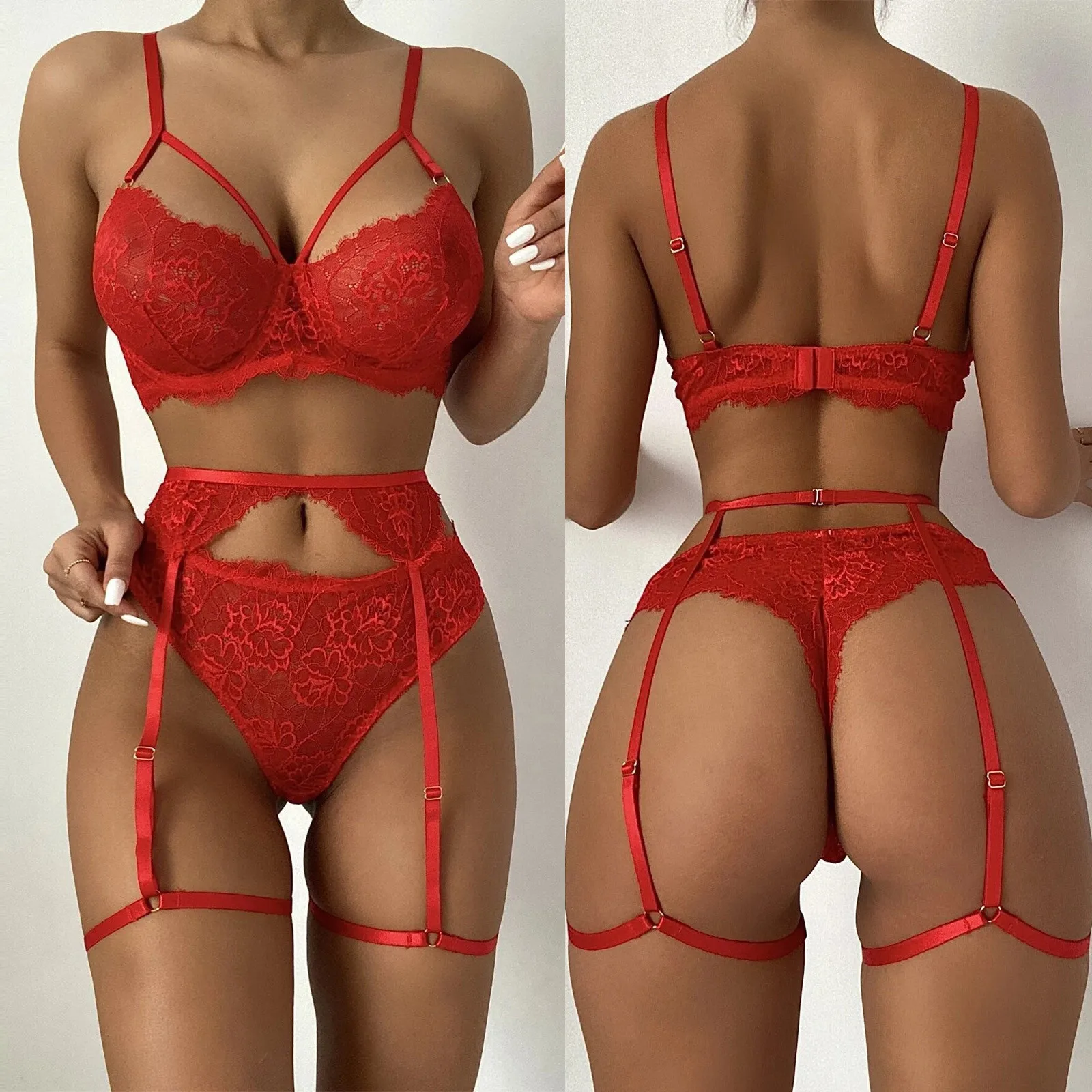 

Sexy Erotic Lingerie Women Bra And Panty Garters 3pcs See Through Lingerie Sets Sexy Women's Underwear Set Females Sexy Costumes