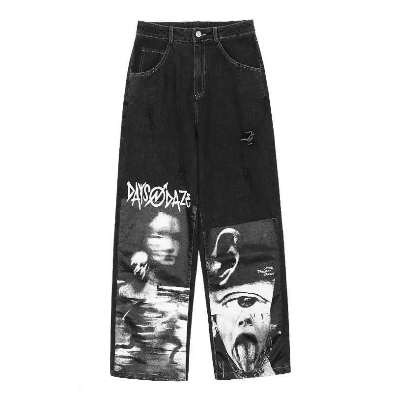 Gothic Baggy Jeans Women Punk Hippie Streetwear Oversize Print Wide Leg Trousers Harajuku Grunge Denim Pants Vintage