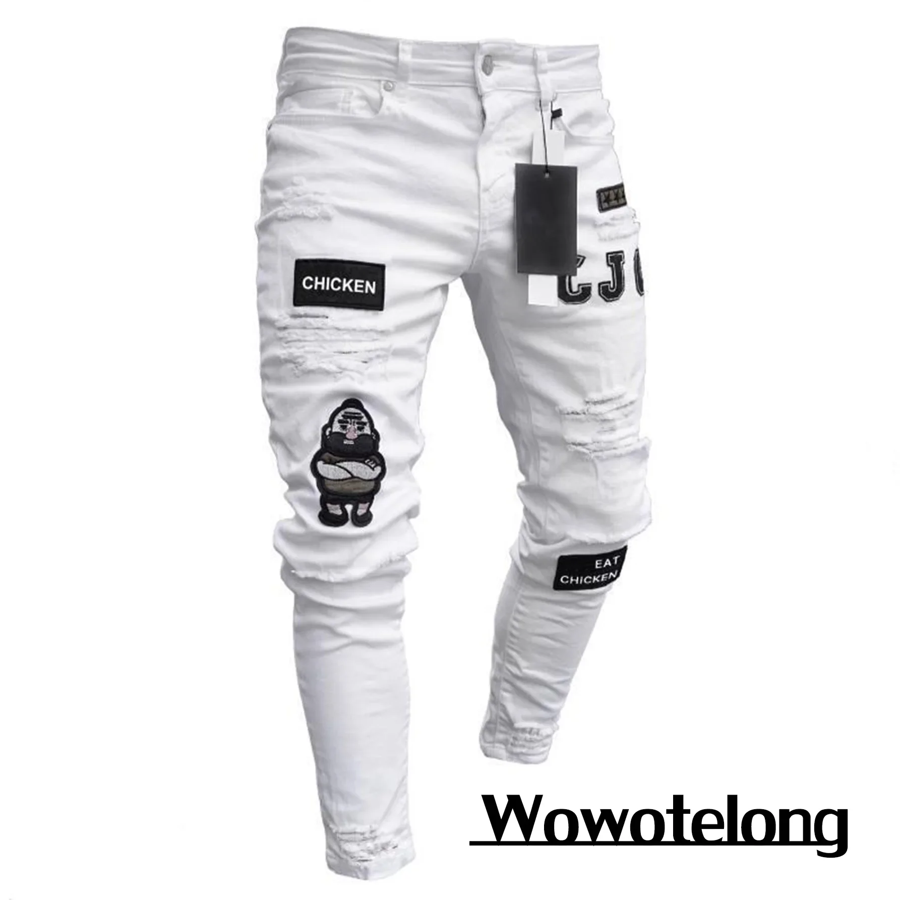 Casual Pants Men Cotton Stretchy Ripped Skinny Jeans High Quality Hip Hop Black Hole Slim Fit Oversize Denim Pants