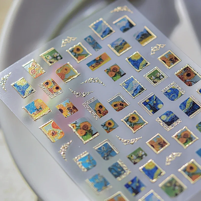 Hot Stamping Colourful Sunflower Starry Night Impressionism Embossment nail art decoration nail stickers nail decals Shiny Rhinestone Manicure Decal