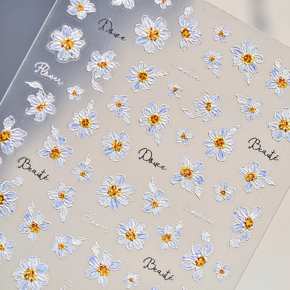 Flowers in Bloom Cosmos Chrysanthemum Daisy White Petal Yellow Stamen Self Adhesive Nail Art Decorations Sticker Manicure Decals