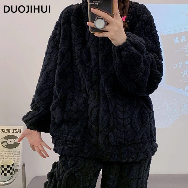 DUOJIHUI Black Winter Thick Warm Flannel Female Sleepwear Sets New Zipper Simple Long Sleeve Fashion 7-colors Pajamas for Women