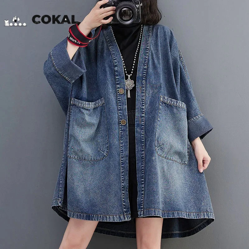 

COKAL vintage V-neck denim jacket Women's spring and fall new big pockets loose oversized long trench coat