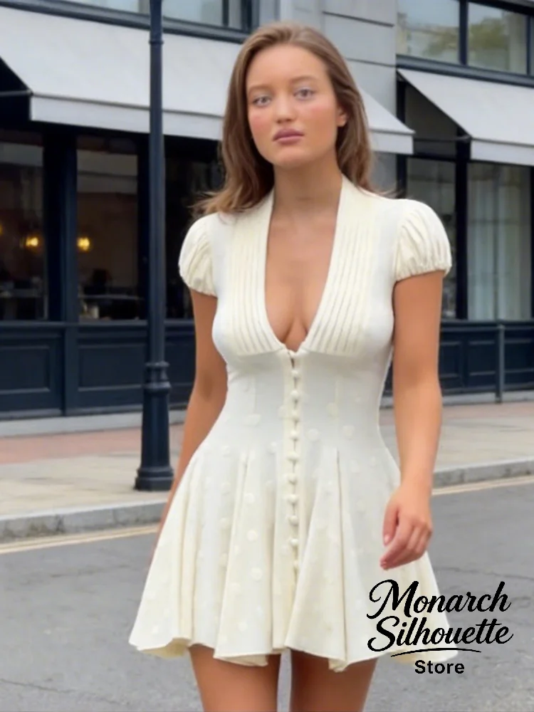 White Polka Dot Mini Dress With Deep V-Neck, Puff Sleeves And Front Buttons — photo 4