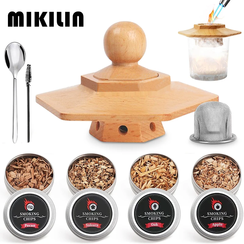 Cocktail Smoker Kit Wooden Smoked Wood Hood Whiskey Smoking Wood Chips Cocktails Smoker Infuser Bar Accessories Gift for Dad
