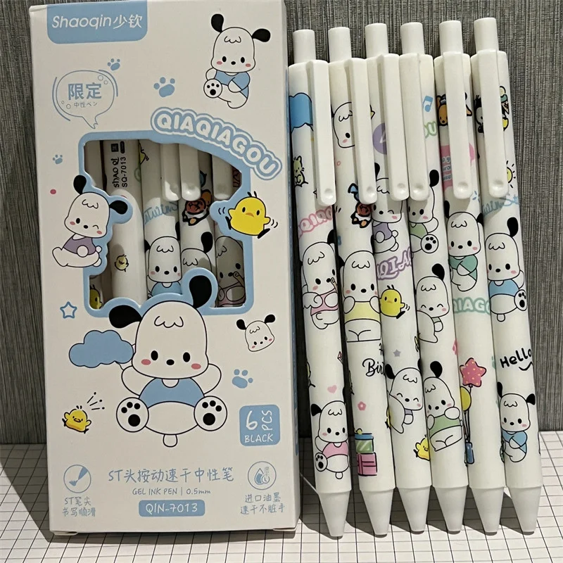 

6pcs Cute Sanrio Pochacco Brush Question Pen Double Bead Spring Head Quick Dry Pen Press Move Pen Neutral Brush Question Pen