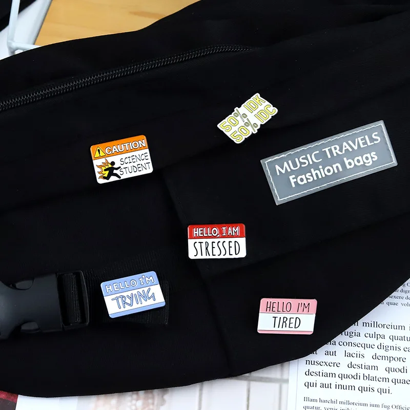 Hello I try Action Cation 슬로건 메탈 디자인 배지 브로치 에나멜 핀 라벨 가방, 배낭 쥬얼리 선물