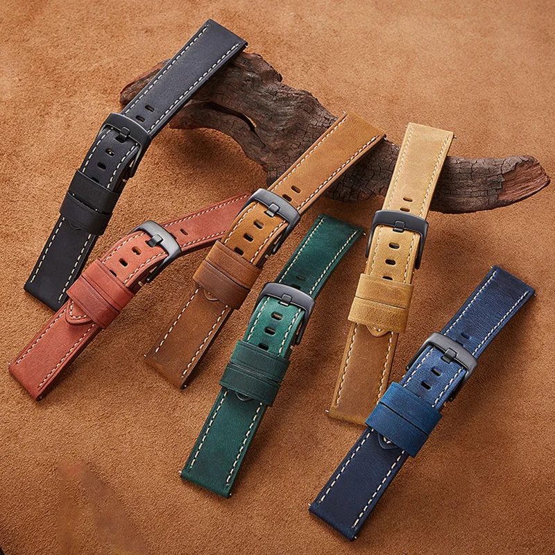 20mm 22mm Watch Band Smart Quick Release Retro Cow Leather Strap Sport Loop Belt Smart Watch Men