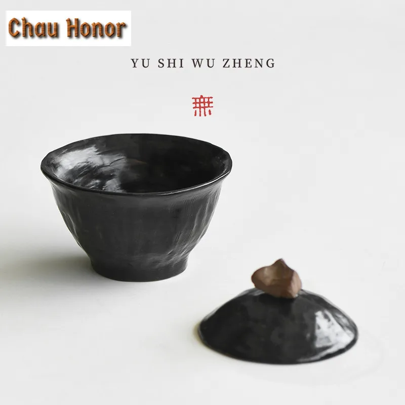 120ml Handmade Wabi-sabi Black Coarse Gaiwan Vintage Tea Tureen Tea Bowl with Lid Kit Tea Making Cover Bowl Drinkware Ornaments