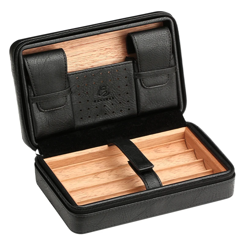 Leather Cedar Wood Travel Cigar Humidor Case