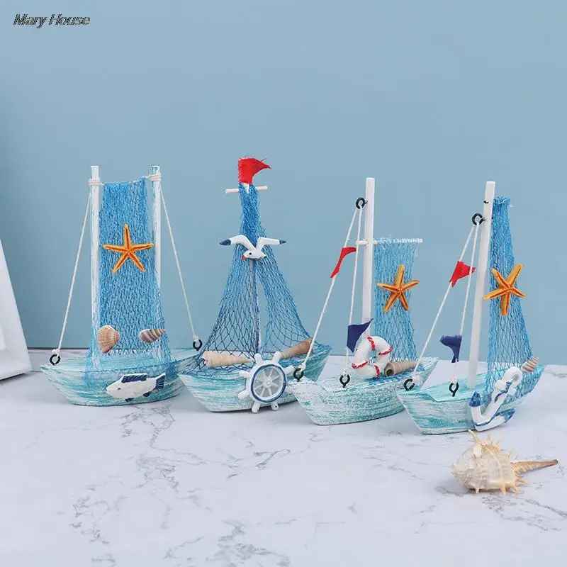 

Mini Mediterranean Style Wooden Blue Sailing Boat Home Decoration Ornaments Sailing Boat Ship Wood Crafts