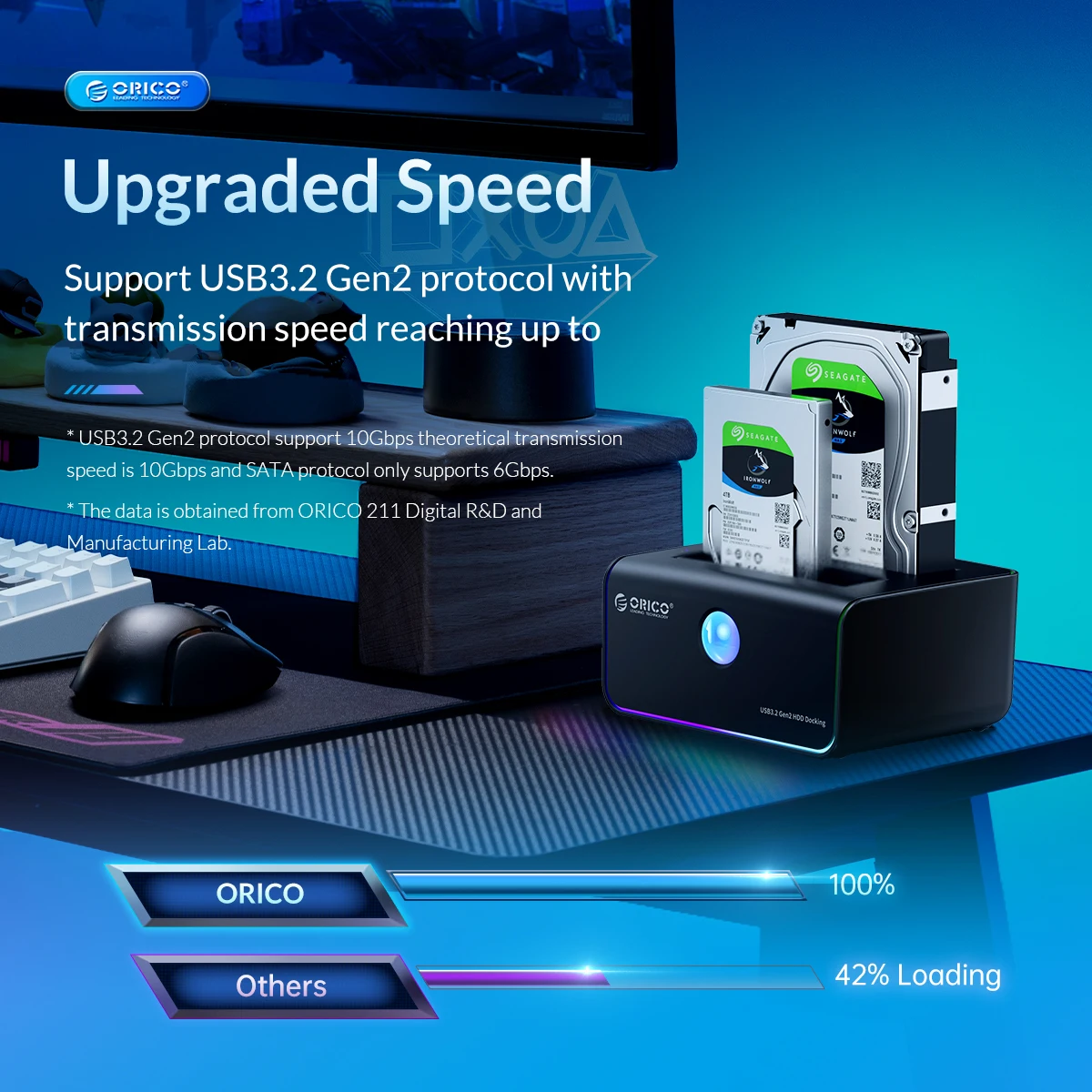 Orico-estação de Ancoragem do Disco Rígido 2-bay Tipo-c 10gbps Luz Rgb Entusiasta do Jogo com Clone Auto-dormir Offline Caixa do Disco Rígido - Imagem 4