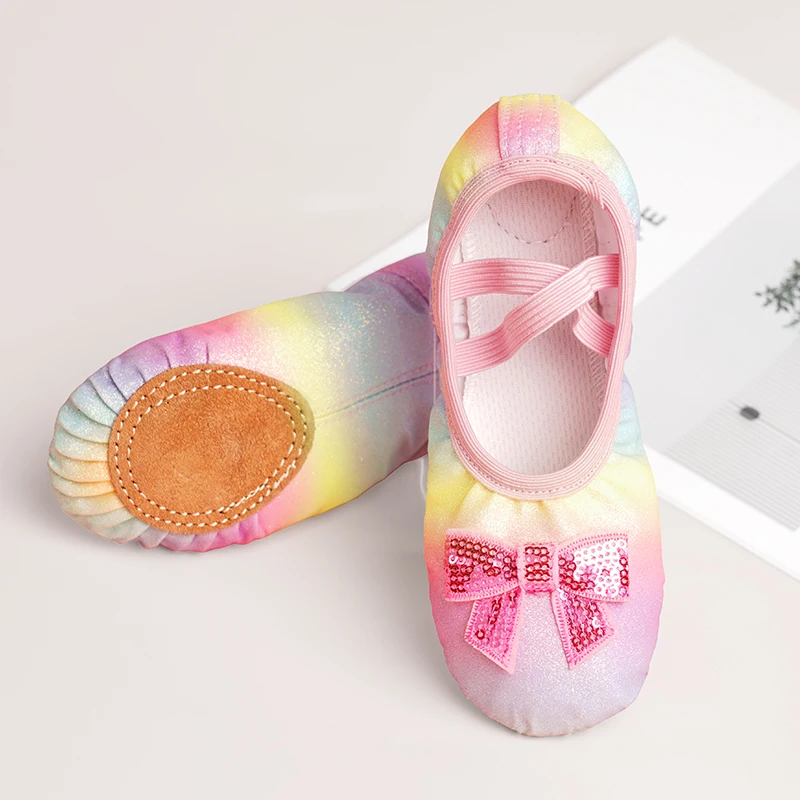 Girls Ballet Shoes Kids Bow Ballet Slippers Soft Soled Dance Shoes Iridescent Sequins Toddler Flats