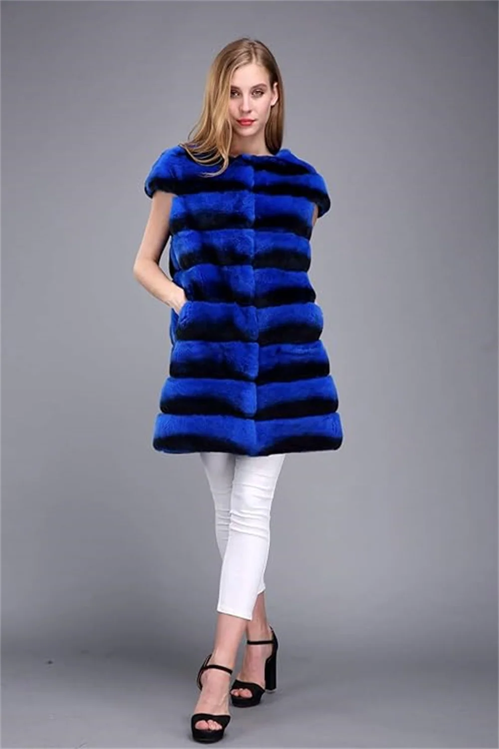 

On Sale Natural Rex Rabbit Fur Vest Long Giles Waistcoat Royal Blue Color Stripe Women Cloth Fur Sleeve Jacket