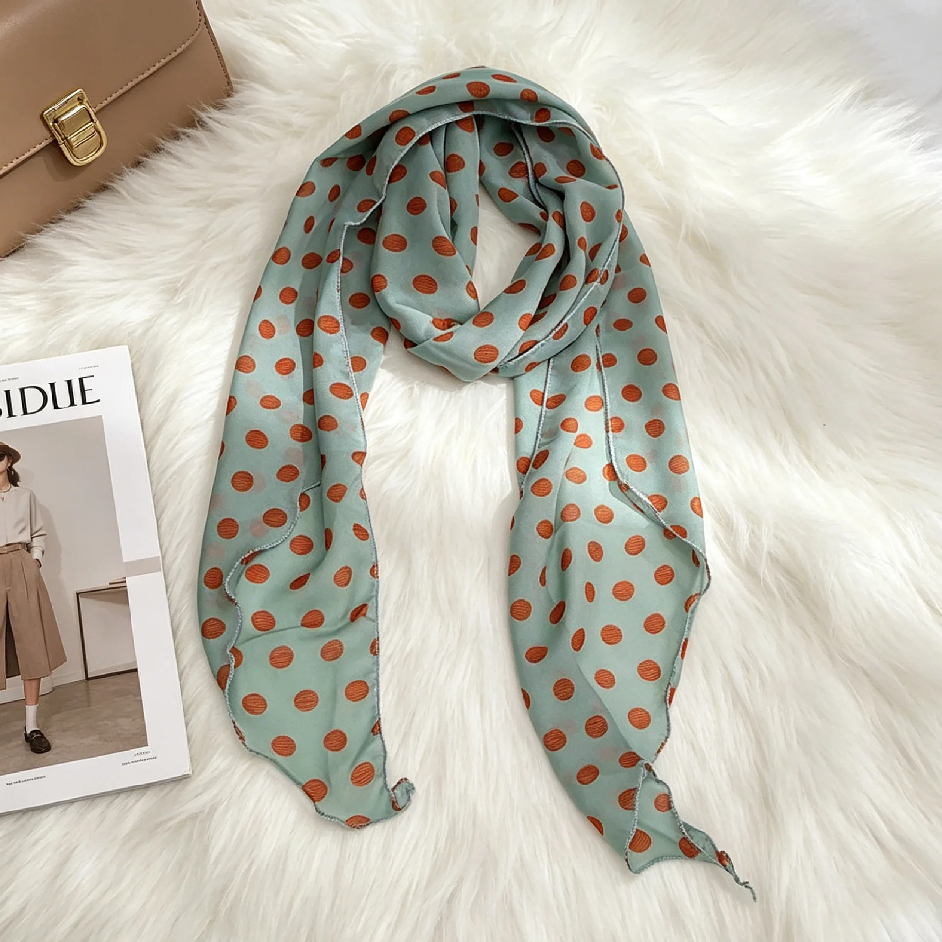 Ladies New Ins Style Brown Chiffon Polka Dot Long Silk Scarf Multifunctional Accessory Neck Women's Headband Tie Hair Towel
