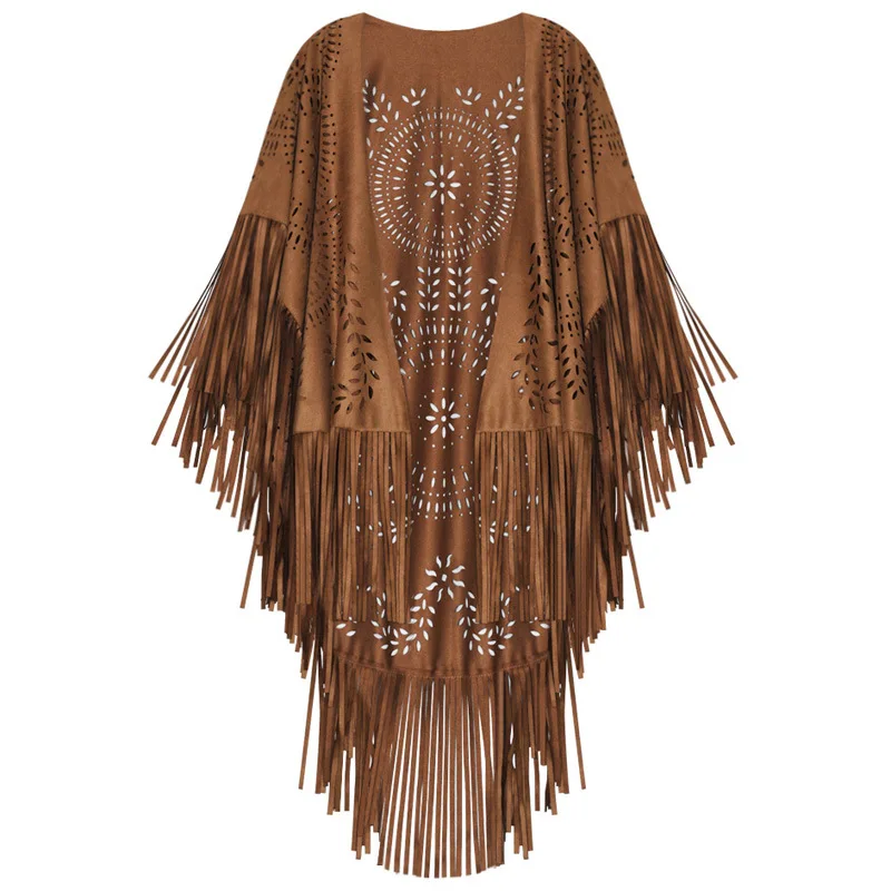 

New Bohemian cardigan Cloak Camel Suede Floral Hollow Out Fringe Tassel Shawl Women Vintage Capes Ponchos Autumn Boho Capes