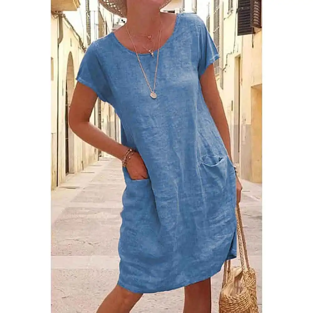Plus Size 5XL Vintage Cotton And Linen Dress Women's Summer Short Sleeve Round Neck A-Line Dress Casual Pockets Holiday Vestidos