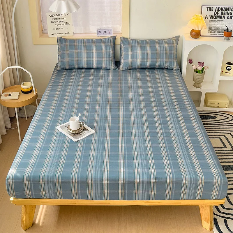 1pc 100%Cotton Bed Sheet with Elastic Band Japanese Style Plaid Printed Fitted Sheet Single/Queen/King  Bedsheet for Double Bed 6