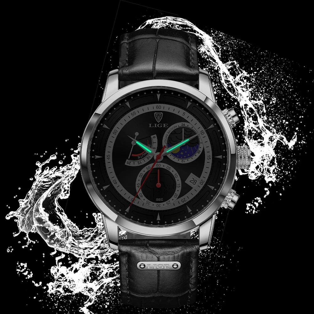 LIGE Fashion Luxury Men's Watches Business Leather Strap Quartz Watch for Men Waterproof Casual Sport Man Chronograph Wristwatch