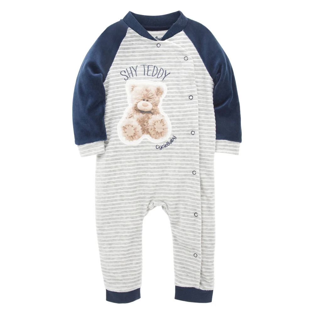 

Honeyzone Striped Teddy Bear Embroidery Long Sleeve Winter Plush Newborn Baby Clothing 0 To 18 Months Jumpsuit